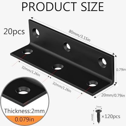 20 PCS Black Steel Corner Brackets 3'' x 0.8'' L Shaped Metal Angle Bracket with Screws, 80 MM 3 Inch Heavy Duty Corner Brace for Wood Furniture, Bookshelf, Cabinet Corner - size: 80x20MM