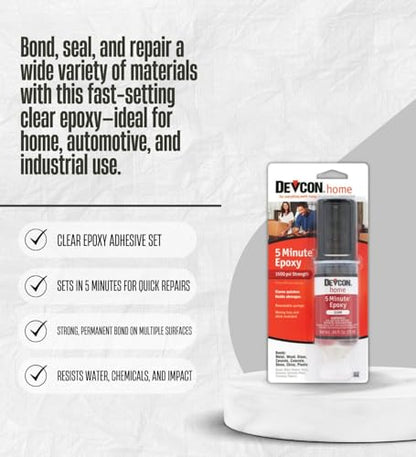 Devcon 5 Minute High Strength Clear Epoxy 0.84 oz Bundle with Micro Fine Sandpaper Sheet – Fast-Setting 2 Part Epoxy Adhesive for Bonding, Sealing, and Repairs – Gift Set (2 Items)