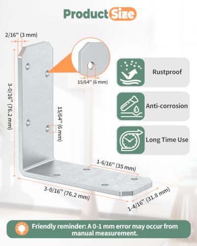 3"x3" L Brackets, 90 Degree Angle Iron, Galvanized-4 Pcs - color: Galvanized-4 Pcs