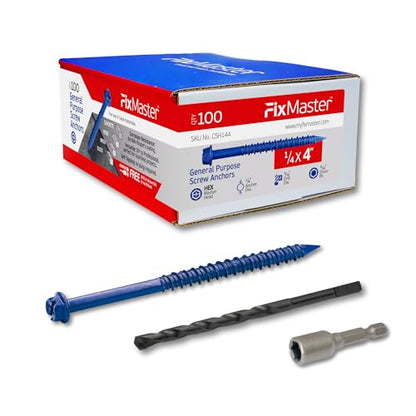 1/4 x 4 Hex Head Blue Concrete Screw Anchors (100 pcs Screw Kit) with one Screwdriver and Drill Bit for Concrete, Masonry, Block, Brick and Wood Fastening - size: 1/4 x 4"