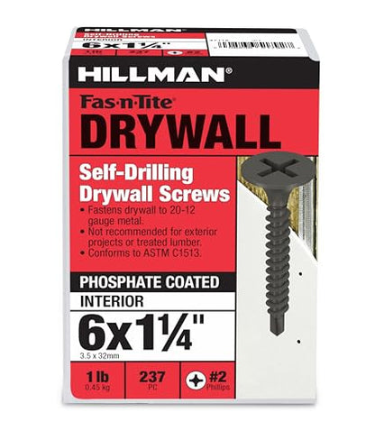 Hillman Drywall Screws, #6 x 1-1/4in, 237 Pack, Black
