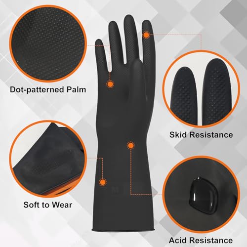 Beieverluck 10 Pairs Chemical Resistant Gloves, Reusable Heavy Duty Rubber Work Gloves with Textured Palm, Black Cleaning Dishwashing Gloves, Medium - size: Medium