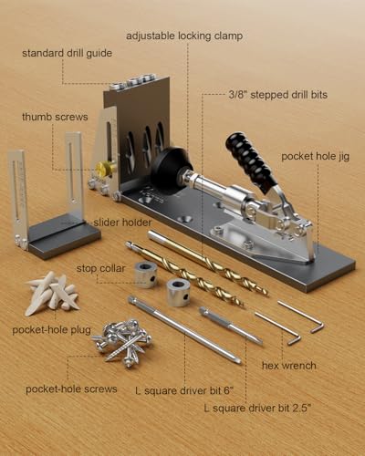Kolvoii Pocket Hole Jig Kit, Adjustable Drill Guide, 1/2 to 3-1/8 in
