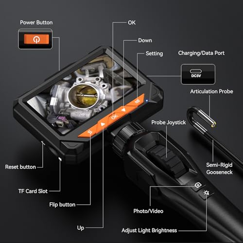 Two-Way 210° Articulating Borescope, 4.3" 1080P Endoscope Camera with Light