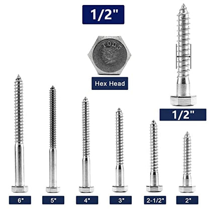 1/2" x 2" Hex Head Lag Screws Bolts 20Pcs 304 Stainless Steel 18-8, Partial Thread, Hexagon Head Wood Screws by SG TZH - size: 1/2-13 x 2"