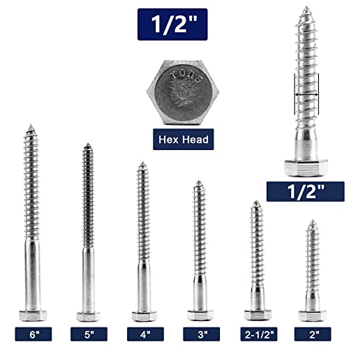1/2" x 5" Hex Head Lag Screws Bolts 20Pcs 304 Stainless Steel 18-8, Partial Thread, Hexagon Head Wood Screws by SG TZH - size: 1/2-13 x 5"