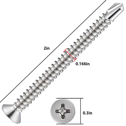 Wensilon（150pcs）#8×2”for Sheet Metal Self-Tapping Screws 410 Stainless Steel Flat Head High-Strength Quick self-Drilling Screws - color: Silver, size: #8X2"