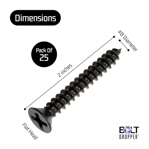 Bolt Dropper No. 8 x 2'' Black Screws, Xylan Coated Stainless Flat Head Phillips Wood Screw Deep Cut (25 Pack), 18-8 (304) Stainless Steel Anti Corrosion - size: #8 x 2''