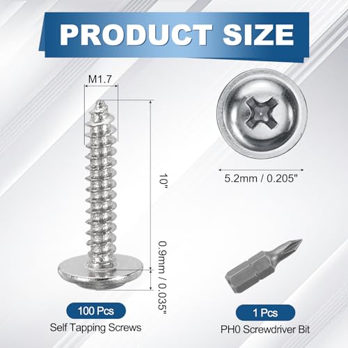 100pcs M1.7x10 Self Tapping Screws Carbon Steel Silver - size: M1.7x10