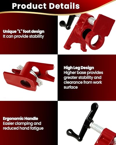 3/4 Inch Pipe Clamps, 6 Pack Woodworking Clamp Set for Gluing DIY - style: Red, 3/4 IN