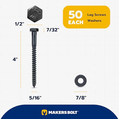 5/16 x 4 (50 Pack) Lag Screw Kit, 50 Screws and 50 Washers, Ceramic Black Ruspert Coating for Exterior Use, Meets ASTM A307 and ASME B18.2.1, Industrial/Commerical Grade by Makers Bolt - size: 5/16 x 4
