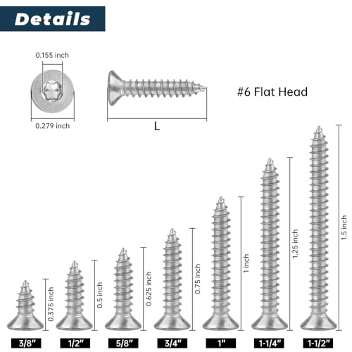 Glvaner 100-pack #6 x 1-1/4" Torx Flat Head Self Tapping Wood Screws, 304 Stainless Steel 18/8, Indoor/Outdoor Use, Includes Torx Bit - size: #6 x 1-1/4