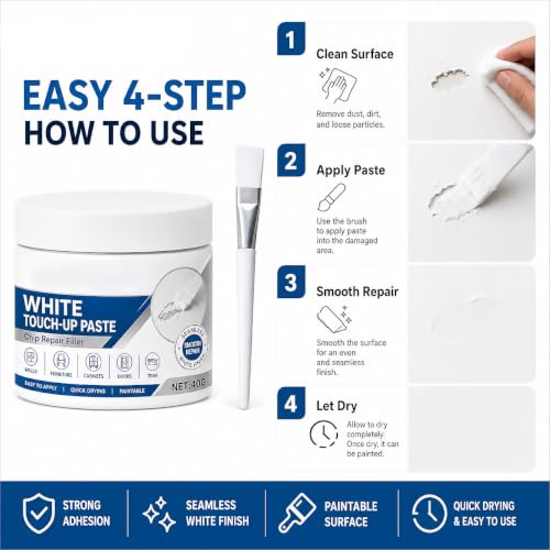 White Furniture Touch-Up Paste with Brush, 1.41 Oz, Wood Filler Wall Repair Cream for Scratches, Fit Tables Cabinets Wooden Floors Walls (1Pcs)