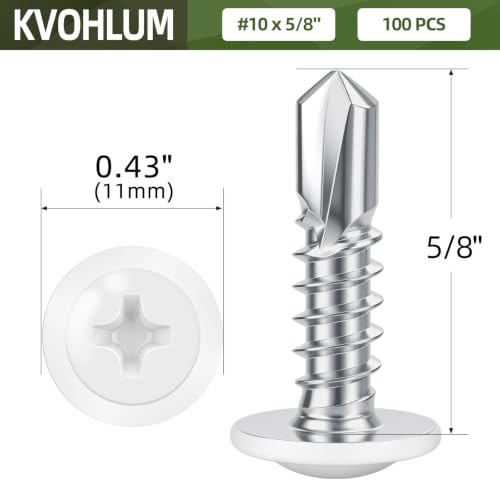 #10 x 5/8" (100 PCS) White Head Fast Self Tapping Sheet Metal Screws, Modified Truss Head Self Drilling Screw, Full Thread, Screwdriver Bit Included - color: White, size: #10 x 5/8"