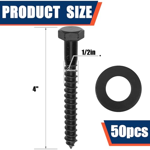 Tandefio 50 Pack 1/2'' X 4'' Lag Bolts Screw with Washer Galvanized, Black - size: 1/2''x 4''