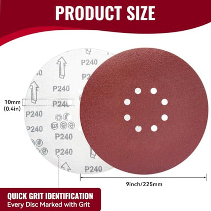 9 Inch 8 Hole Sanding Discs 240 Grit 20 Pack Hook and Loop Disc - style: 8 hole-240 Grit