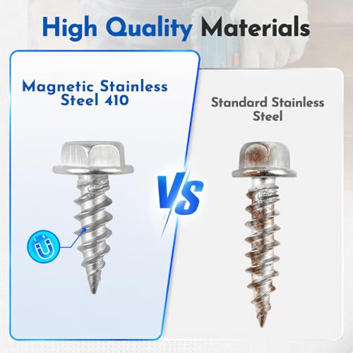 100 Pcs #8-1/2 Self-Tapping Gutter Screws, Stainless Steel Mill Finish Hex Washer Head Screws, Extra Sharp Tip with 1/4" Magnetic Hex Driver for Gutter - size: 8-1/2 (100pcs)
