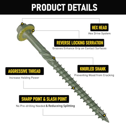 [Pack of 100] #14 x 8 Wood Structural Screws, Green Coated Heavy Duty Hex Head Timber/Log/Landscaping Wood Screws, Rust Resistant, Hex Socket Included - color: Green, size: #14 x 8"