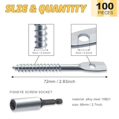 100Pack Eye Lag Screw with 1Pcs Eye Lag Driver 2" Eye Lag Screws Zinc Plated Carbon Steel Eye Lag Wood Screw Drop Ceiling with Attaching Hanger Wire to Joists