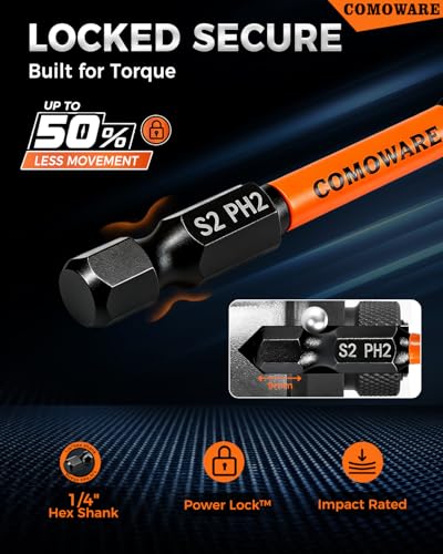 COMOWARE 11pcs Phillips Impact Screwdriver Drill Bits #2, S2 Steel 1/4" Hex Bit Set, Anti Slip Screwdriver Bits, 1-6" Length, CNC Tip Magnetic Drill Bit Magnetic Bit Holder for Power Drill - color: Ph2 11pcs