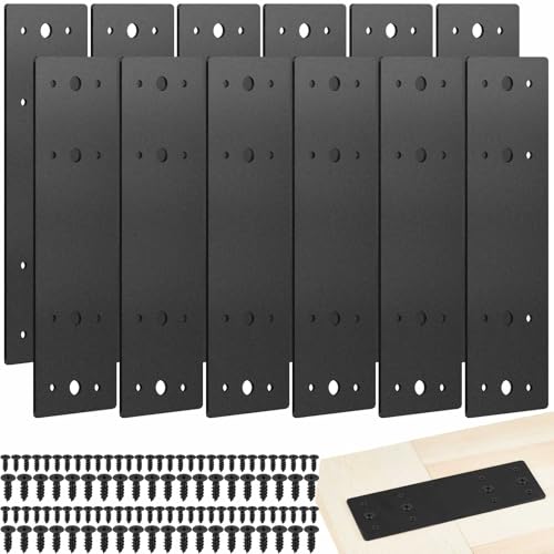 Tandefio 12 Pcs 10"x3" Straight Steel Flat Plates Black Metal Mending Plate with Hole Fixing Joining Bracket with 144 Pcs Screws for Wood Furniture, Repair House, Pavilion, Truss Framing
