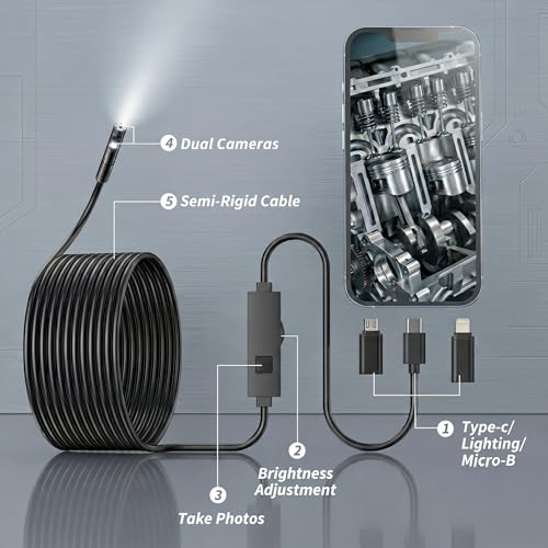 Dual-Lens Endoscope Camera with Light, 1920P HD Borescope