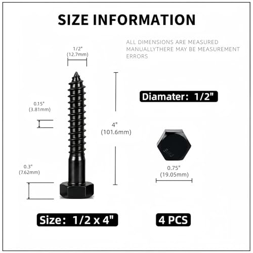 1/2" x 4" Hex Head Lag Screws (4 Pcs) with Washers – Heavy Duty Black Oxide 304 Stainless Steel Bolts 18-8, Wood, Roofing & Construction (Partial Thread) - size: 1/2"x4"