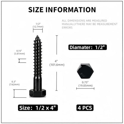 1/2" x 4" Hex Head Lag Screws (4 Pcs) with Washers – Heavy Duty Black Oxide 304 Stainless Steel Bolts 18-8, Wood, Roofing & Construction (Partial Thread) - size: 1/2"x4"