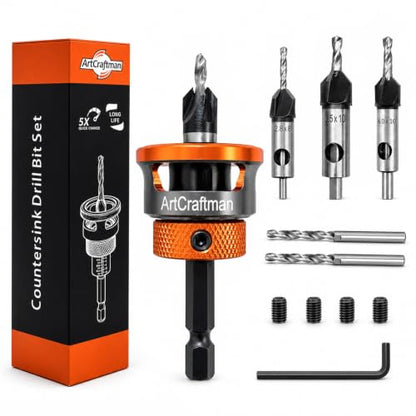 12 PCS Wood Countersink Drill Bits, M2 High Speed Steel 4-Flute Pilot Bits, Depth Stop & L-Wrench, Precision Kit for Wood, Plastic, DIY & Drilling Tasks