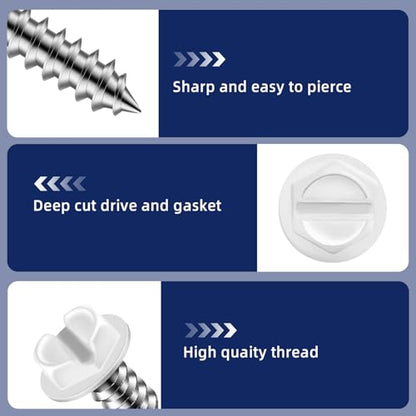 #8 x 1 White Painted Hex Washer Head Self Tapping Screws, Self Piercing Gutter Screws, Socket Bit Included, 100 PCS - color: White, size: #8 x 1"
