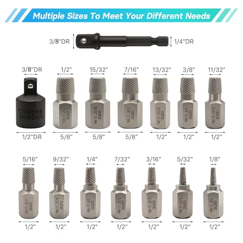 15Pcs Bolt Extractor Kit, 3/8" Multi-Spline Drive