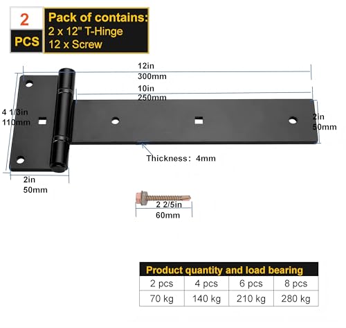 12 Inch Heavy Duty T Strap Hinges (2-Pcs), 4mm Thickened Solid Steel - size: Middle
