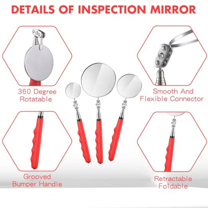 Copkim 3 Pcs Telescoping Inspection Mirror Extendable Long Handle,Red - color: Red