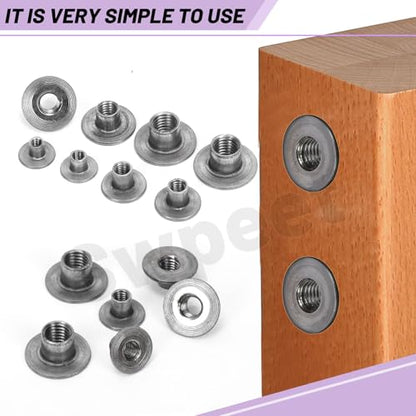 Swpeet 85Pcs 5 Sizes M4×7.5 M5×7 M6×10 M8×10 M10×13 Carbon Steel Tee Nut, Through Hole Flange Insert Female Thread Nuts, Round Base Weld Tee Nuts, Brad Hole Tee Nut for Wood Furniture - size: Assortment Kit