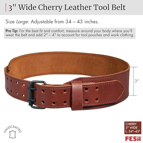FESA Men's Leather Tool Belt - Handcrafted Top Grain Leather Tool Pouch Belt for Carpenters & Other Trade Professionals - color: Cherry - 3" Wide - L