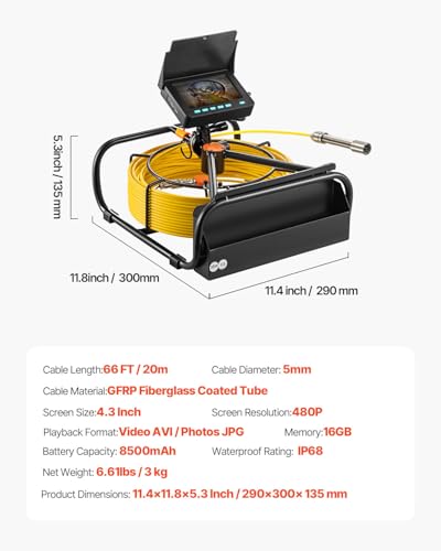 VEVOR Sewer Camera, 65.6FT Snake Cam with DVR Video, Pipe Inspection Equipment 4.3 inch LCD Screen, Industrial Borescope Endoscope Waterproof IP68 with LED Lights, for Duct HAVC Drain Pipe Plumbing - size: 66ft/20m, style: 4.3'' Screen with DVR Function