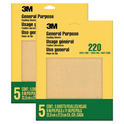 3M Sandpaper, 220 Grit, 5 Sheets, 9 in x 11 in, Sands Paint, Wood & Metal, Great for General Purpose Sanding, Very Fine Aluminum Oxide Sand Paper (9000NA-20), 2-Pack - size: 9 in x 11 in (2-Pack, 10 Sheets), style: Very Fine