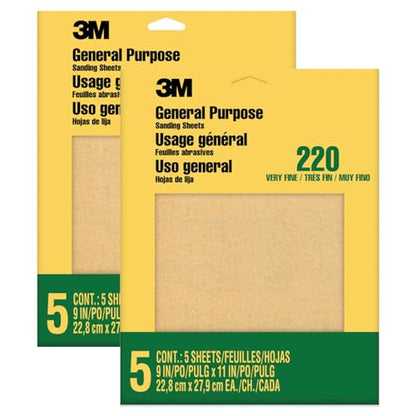 3M Sandpaper, 220 Grit, 5 Sheets, 9 in x 11 in, Sands Paint, Wood & Metal, Great for General Purpose Sanding, Very Fine Aluminum Oxide Sand Paper (9000NA-20), 2-Pack - size: 9 in x 11 in (2-Pack, 10 Sheets), style: Very Fine