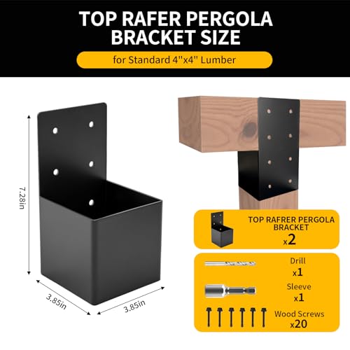 HANBENTYTEX 2Pac 4x4 Pergola Post Top Rafter Bracket kit,Heavy Duty 14 Gauge Pavilion Bracket Actual for 3.5”x3.5” Square Wood Post,DIY Wood Beam Contector Bracket with Screws for Porch,Log Cabin