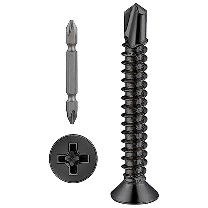 Wensilon（250pcs）#8×1-1/4”for Sheet Metal Self-Tapping Screws 410 Black Stainless Steel Flat Head High-Strength Quick self-Drilling Screws - color: Black, size: #8X1-1/4"