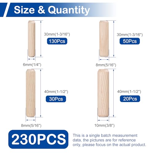 220Pcs Wooden Dowel Pin Assortment Kit, 4 Sizes(1/4", 5/16", 3/8") - size: Mix (6.35mm, 7.94mm, 9.53mm) - 4 Sizes