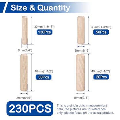 220Pcs Wooden Dowel Pin Assortment Kit, 4 Sizes(1/4", 5/16", 3/8") - size: Mix (6.35mm, 7.94mm, 9.53mm) - 4 Sizes