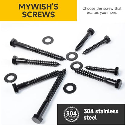 (20Sets) 1/4" x 1-1/4" Hex Head Lag Bolts, Heavy Duty Lag Screws with Washers, 304 Stainless Steel Bolts 18-8, Lag Screws Wood Screws, Fully Thread Black Oxide, 1/4 Bolt by Mywish - size: 1/4 x 1-1/4" (20 set)