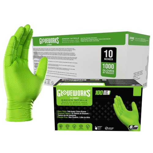 GLOVEWORKS HD Green Nitrile Industrial Disposable Gloves, 8 Mil, Latex-Free, Raised Diamond Texture, XX-Large, Case of 1000 - size: XX-Large, style: Case of 1000