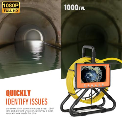 Sewer Camera 100FT, 5'' HD 1080P w/DVR-32GB Pipe Inspection Camera 5000mAh