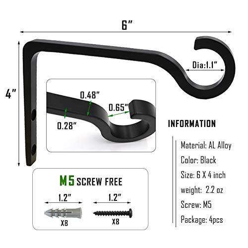 QIEGL 6inch Al-Alloy Hanging Plant Bracket Black 4 Pack - color: Black(4Pack), size: 6in Aluminum Alloy