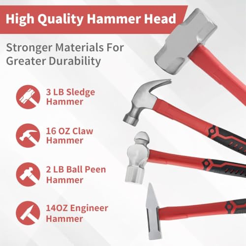 7-Piece Hammer Set with Red/Black Grips for Car, Wood & DIY