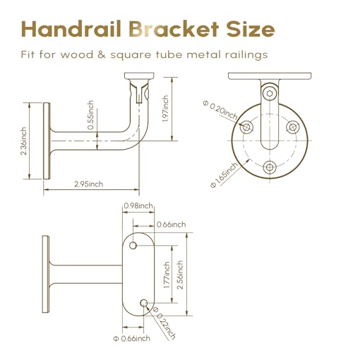 304 Stainless Steel Handrail Brackets for Indoor Stairs, 270° Adjustable Railing Bracket, Heavy Duty Wall Mount for Square & Flat Rail (Gold, 4 Pack) - style: Gold - 4 Pack