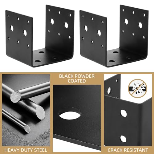 2x Black Half Base & Joist Hanger Brackets for 4"x4" Wood Posts with Screws, 3mm Steel