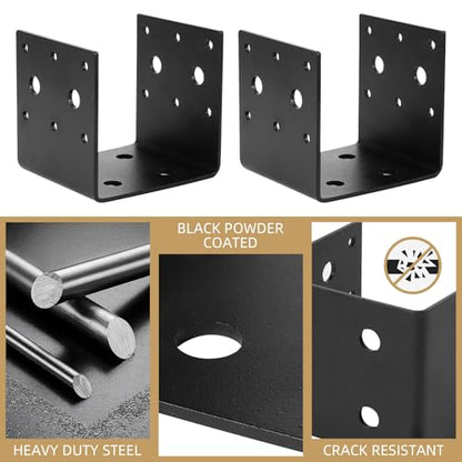 2x Black Half Base & Joist Hanger Brackets for 4"x4" Wood Posts with Screws, 3mm Steel